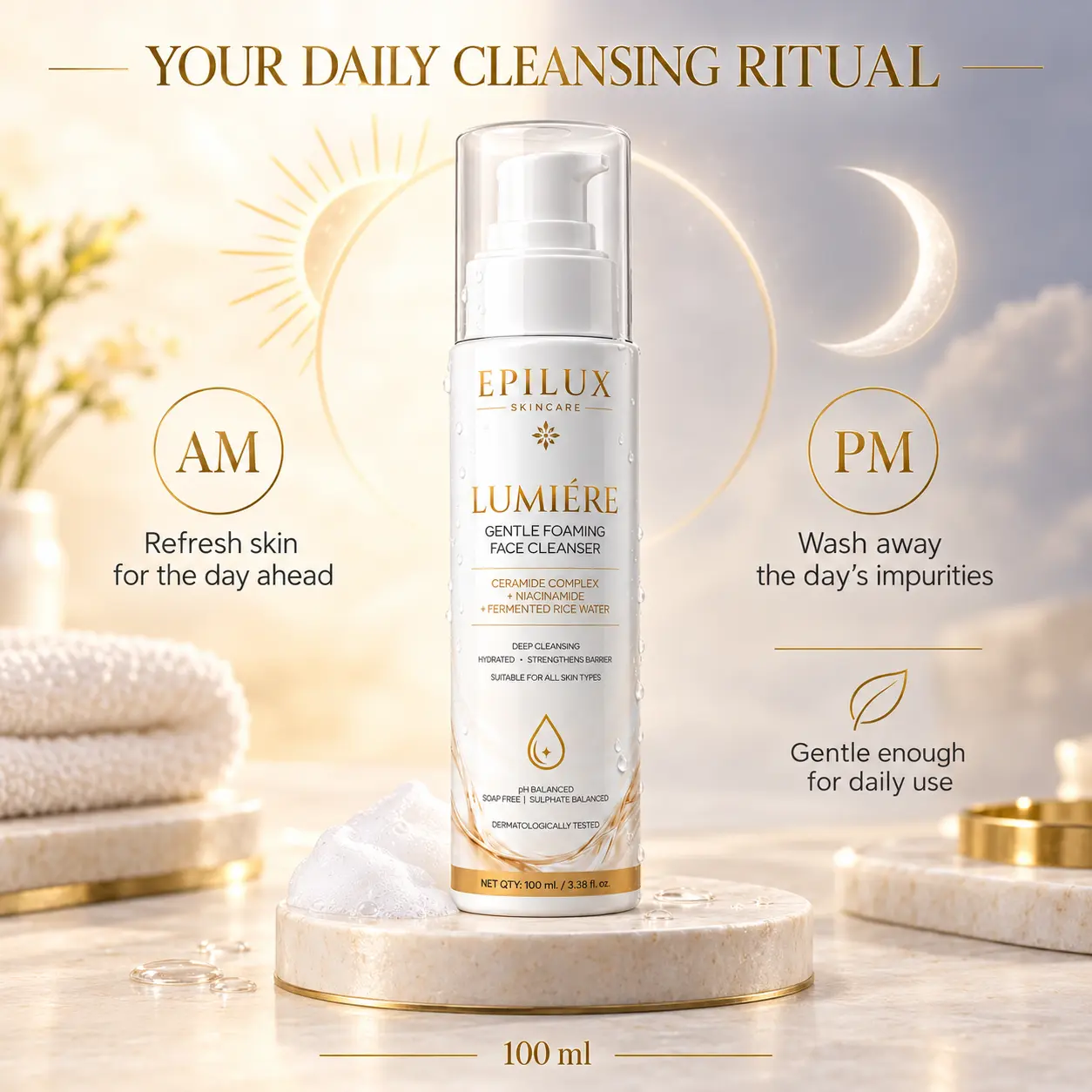 EPILUX LumiƩre cleanser shown as part of a morning and evening facial cleansing routine