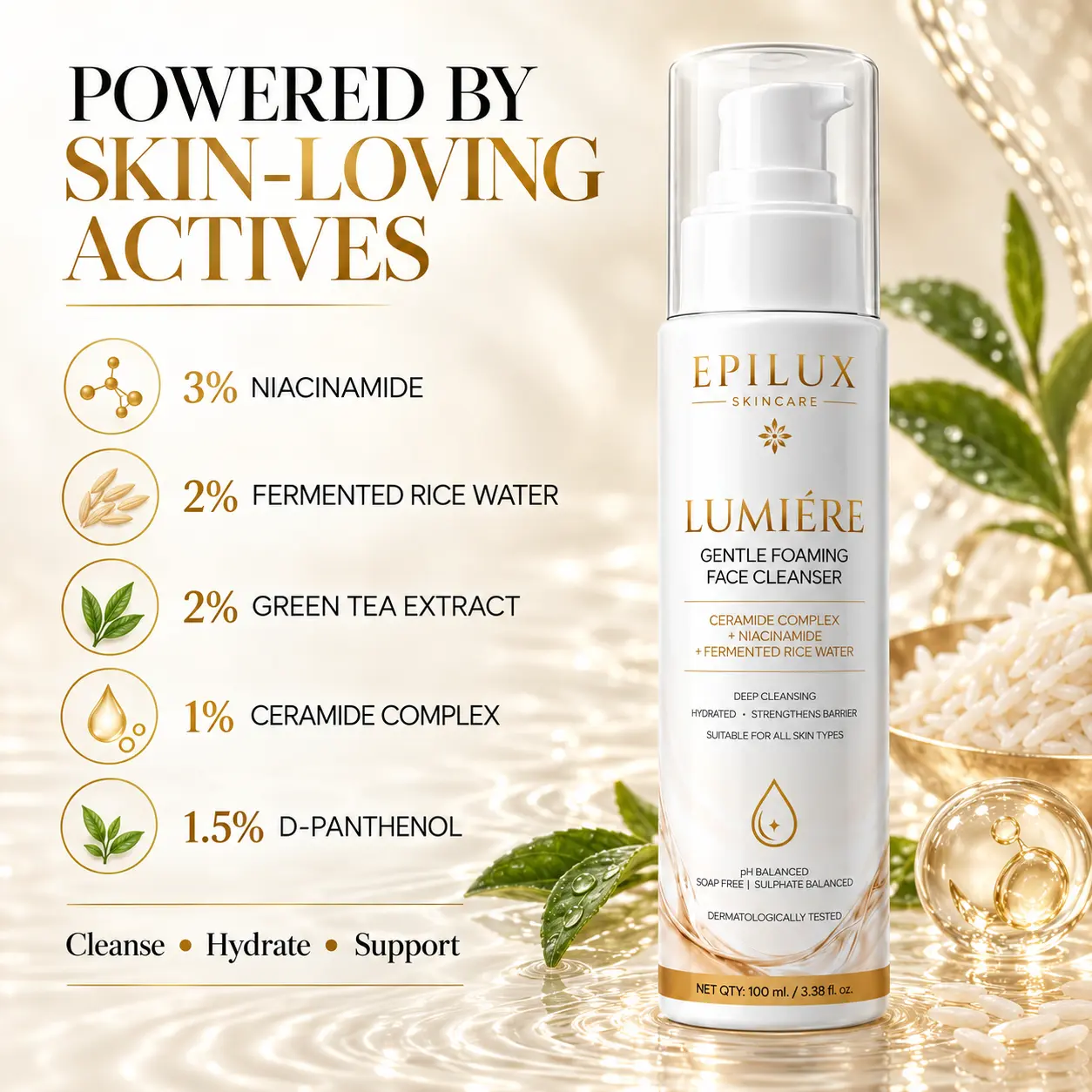 EPILUX face cleanser with 3% niacinamide, fermented rice water, green tea, ceramides and D-panthenol