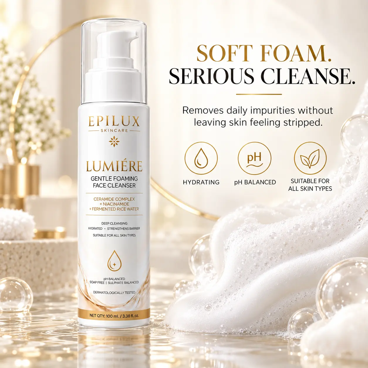 Soft airy foam texture beside EPILUX LumiƩre Gentle Foaming Face Cleanser