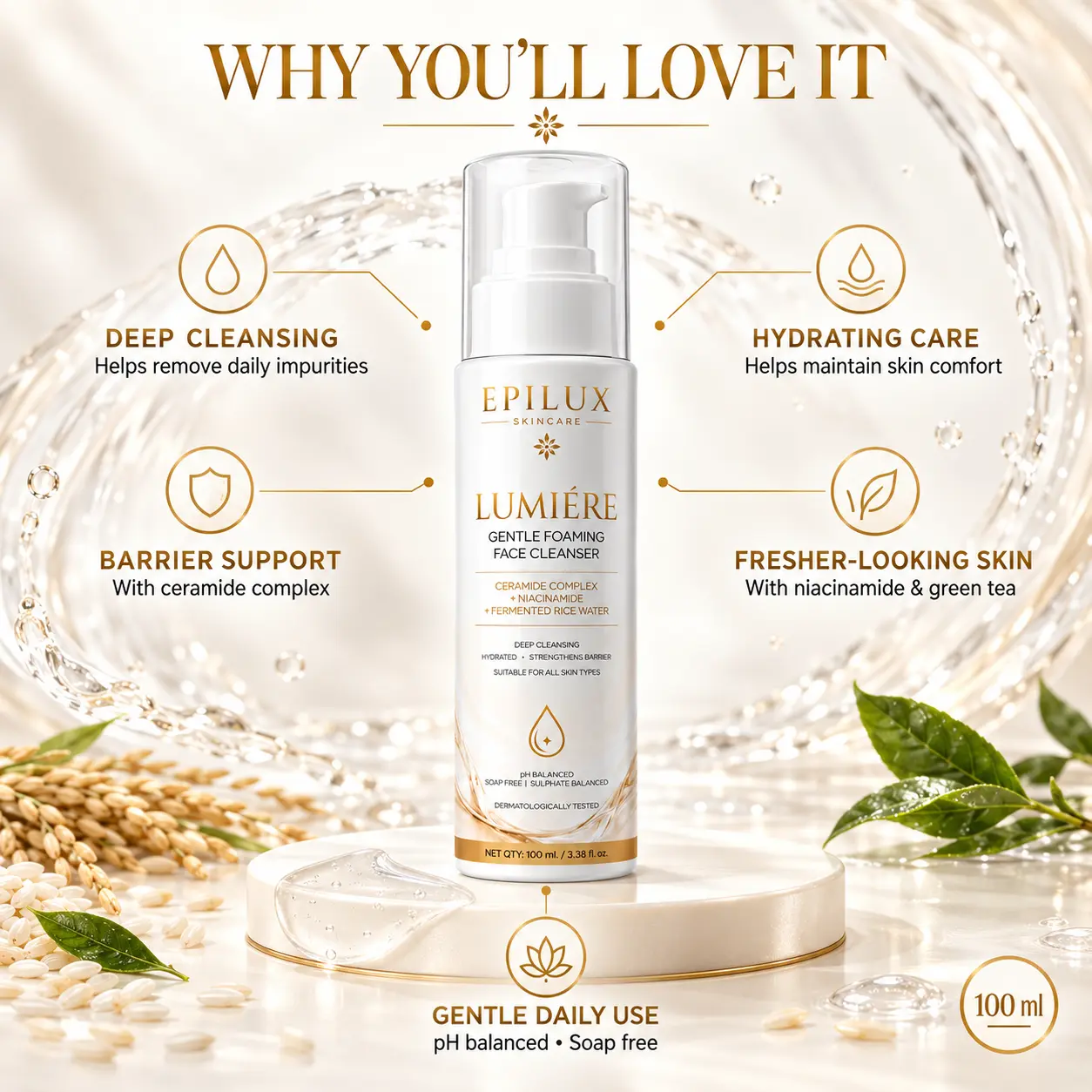 Benefits of EPILUX cleanser including deep cleansing, hydration, barrier support and gentle daily use