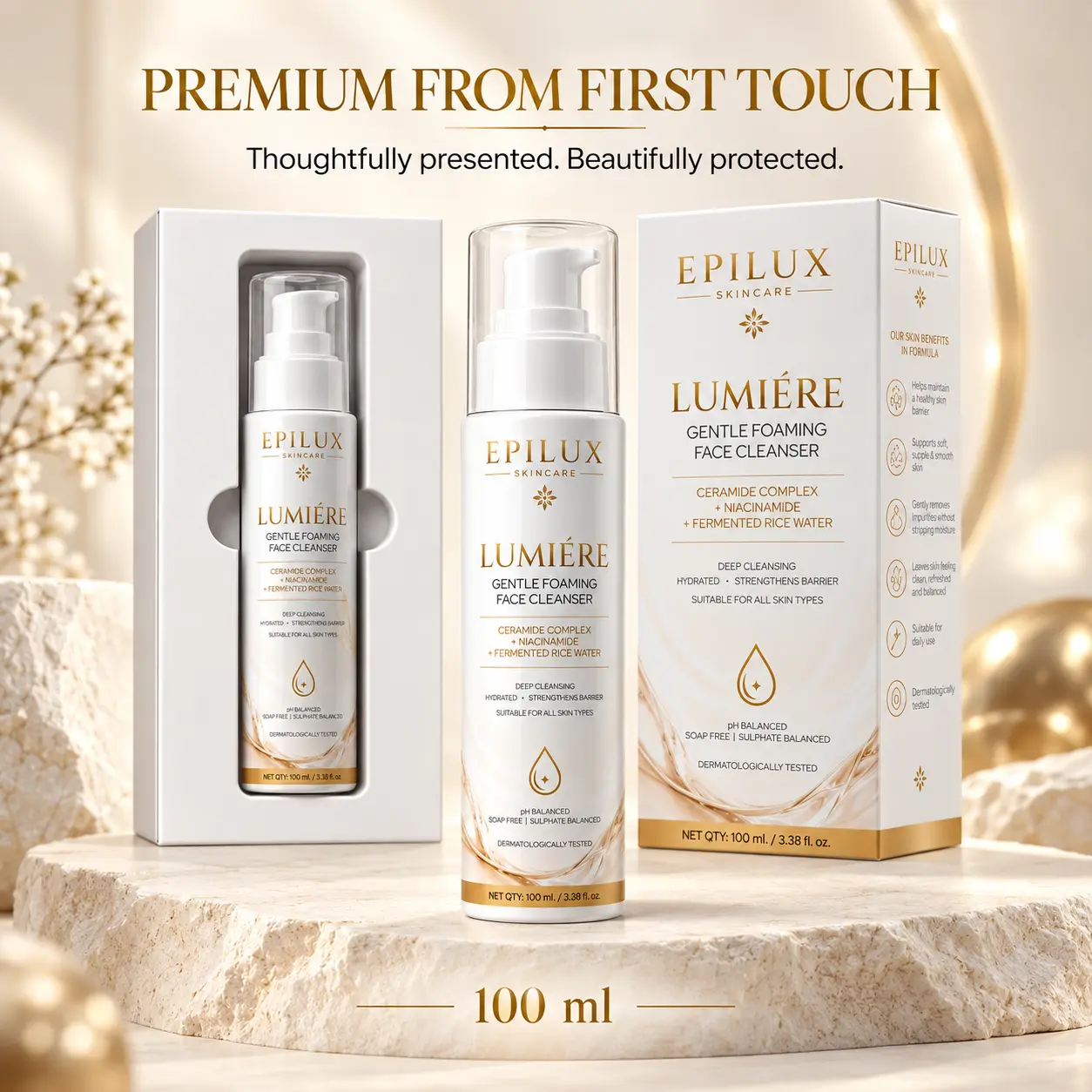 EPILUX LumiƩre face cleanser bottle with premium white and gold carton and protective inner tray