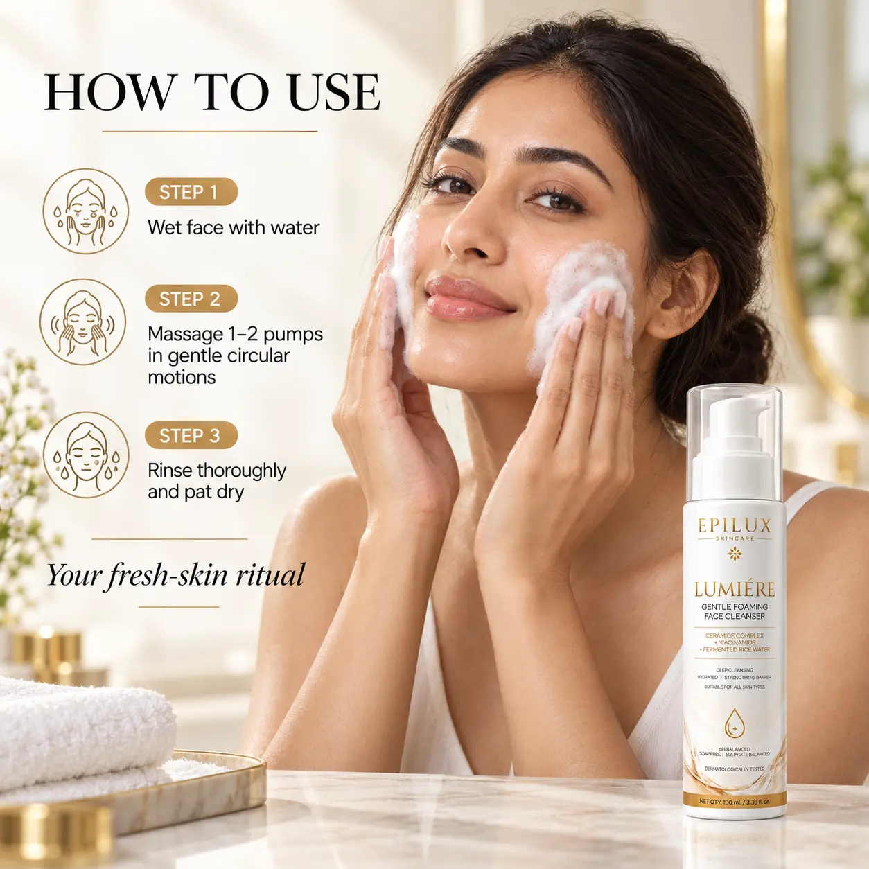 Indian woman massaging EPILUX foaming cleanser onto her face with three usage steps