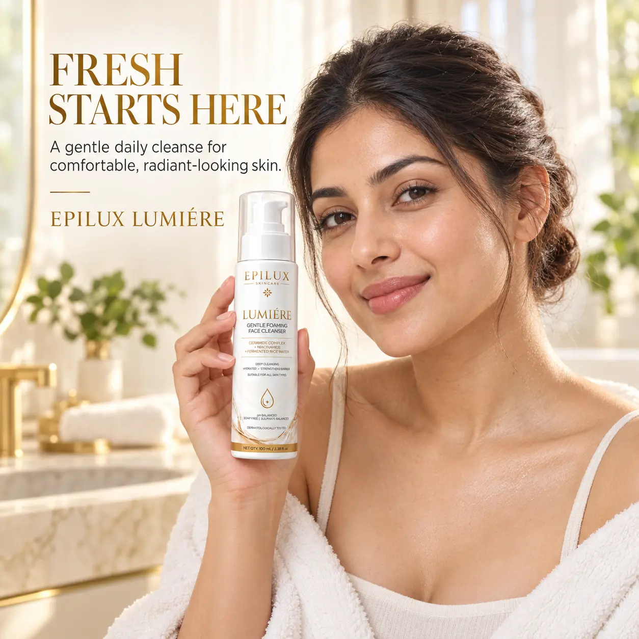 Indian woman with fresh-looking skin holding EPILUX LumiƩre Gentle Foaming Face Cleanser